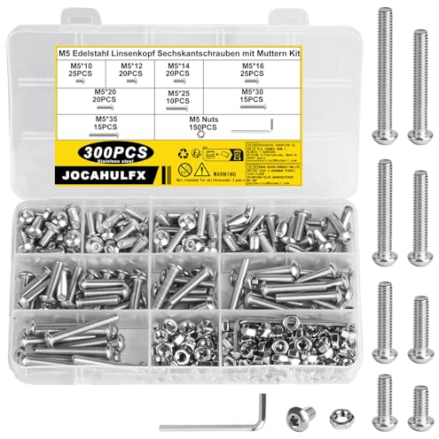 300 Pz M5 Viti Bulloni e Dadi Set, Viti Bulloni e Dadi a Testa Esagonale Kit, Vite a Brugola, Set Viti e Dadi a Cilindrica con Esagono Incassato, Vite Testa Bottone Brugola, Viti a Testa Esagonale