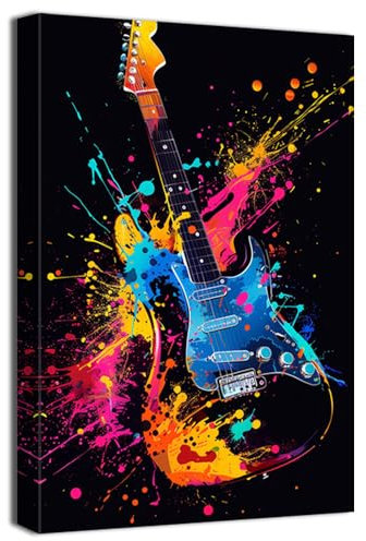 ZQQART Buntes Gitarren Leinwandbild Graffiti Rockgitarren Bilddrucke Musikthema Gemälde Musikzimmer Wohnzimmer Dekor Rahmen(Gitarre -1,60x90cm)