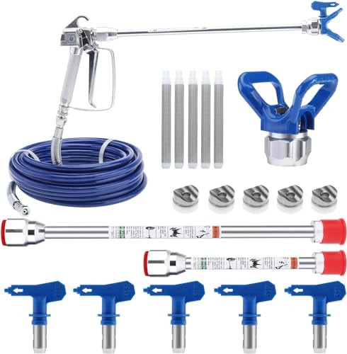 WOOLUCK® 15 pezzi Pistola a Spruzzo per Verniciare Airless e Tubo Flessibile Kit, con Prolunga Ugello,5 ugelli airless,60 Mesh Elementi Filtranti