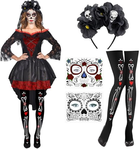 Huahuanghui Bandeau Jour des Morts Halloween Serre-Tête Tête de Mort Roses Fleurs avec 2 Tatouages Temporaires et 1 Collants de Jour des Morts 3 Pcs Kit de Serre-tête Crâne pour Halloween et Carnaval