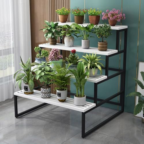 KADEUX 4-stufig Plant Stand Blumenständer Aus Metall, Pflanzen Blumentopf Leiterregal Terasse Pflanzenregal Für Wohnzimmer Garten Balkon(Black+White B,100cm)