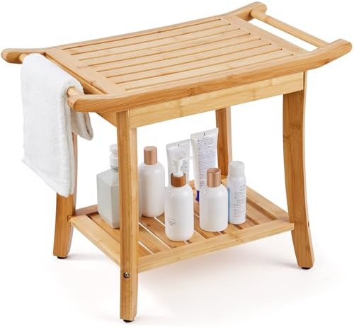 VEVOR Banc de Douche en Bambou, 610 x 350 x 480 mm, Tabouret de Douche étanche avec poignée et étagère de Rangement, jusqu'à 136,1 kg, pour Adultes, Personnes âgées, Femmes âgées, intérieur extérieur