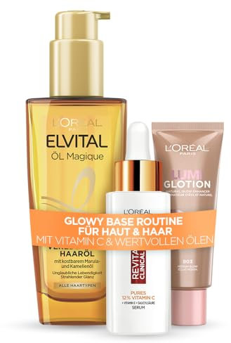 L'Oréal Paris Lumi Glotion Flüssiger Highlighter, 12% pures Vitamin C Serum & Elvital Öl Magique Haaröl – Für strahlende Haut und gepflegtes Haar [Amazon Exclusive], 3-teilig
