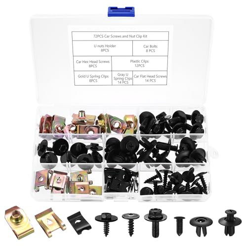 Kit de Fixation Voiture 72 x U Clips et Vis de Carrosserie, Auto Kit à Vis et Écrous, Garde-boue Boulons et Agrafes, Fixations Universelles en Métal pour Voiture