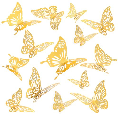 Molain 48 Stück Schmetterling Wandaufkleber, 3D Deko Schmetterlinge Silber Schmetterlinge Deko Schmetterling Aufkleber für Haus Klassenzimmer Hochzeit Party Dekoration Mädchenzimmer(Gold)