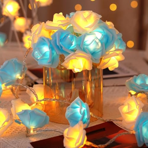 Falafoty Rose Fairy String Lights, 3 m Rose Flower Fairy Lights 20 LED Battery Operated Rose Flower Decorative Fairy Lights for Valentine's Day Wedding Anniversary Garden Home Party (Blue White)