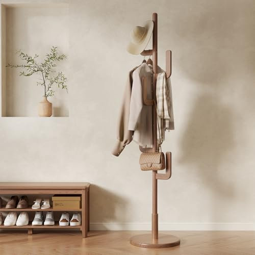 Muwuele Porte-manteau en bois massif en forme de cactus avec 6 crochets en forme de L et 3 tailles réglables, arbre à manteau pour chambre à coucher, entrée, salon, porte-manteau pour manteaux, sacs à