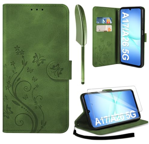 AROYI Lederhülle für Samsung Galaxy A17 /A26 5G Hülle und Schutzfolie | Armeegrün Flip Wallet Handyhülle PU Leder Magnet Ständer Tascher Kartenfach Case Schutzhülle