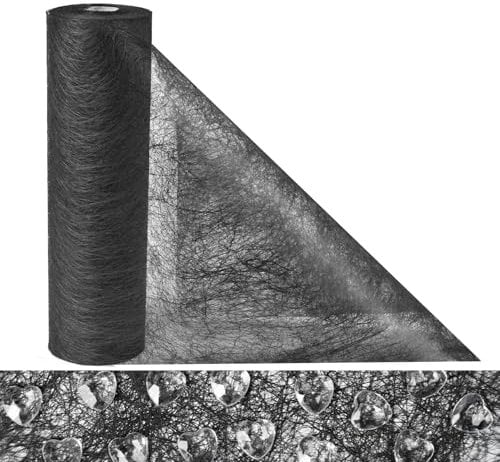 Anstore Vlies Tischläufer Schwarz, 23cmx30m Vliesstoff Tischläuferrolle, Tischdecke Schwarz mit 150 Deko Herzen, Vliestischdecke für Esstisch Hochzeiten Geburtstage, Dekoratives Tischband Tischdeko