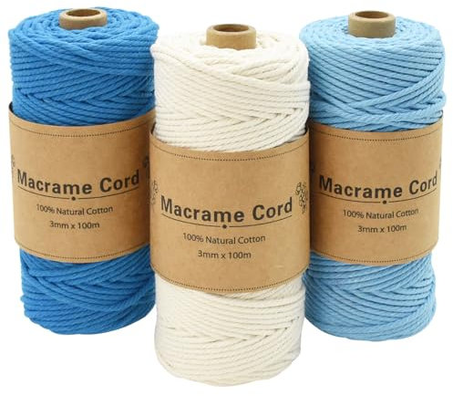 Coriver 3 Stück Makramee Garn, 3mm x 100m Macrame Cord, Makramee Schnur, Makrameegarn Kordel, Makramee Starter Set für DIY Handwerk Weben Dekoration Hängepflanze Pflanze Aufhänger (3. blau)