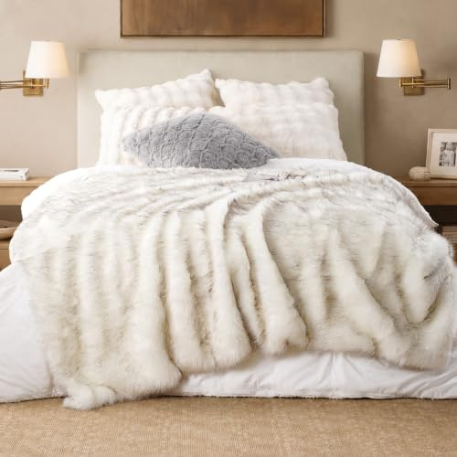 Battilo Luxus Kunstpelzdecke Weiß flauschig 130x170cm für Sofa | Kunstpelz, extra weich & warm, vielseitig, Wohnaccessoire, chemische Reinigung empfohlen