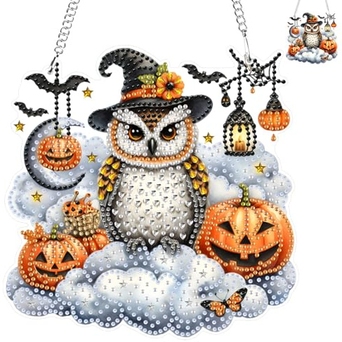 NAIMOER Herbst Eule Diamond Painting Anhänger, Hängende Diamant Malerei Halloween Kinder Erwachsene, Ornament Bastelset Set für Geschenk Mädchen 7-12Jahre Fensterbilder Wand Dekoration
