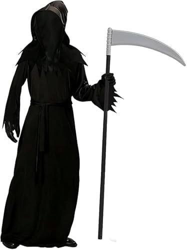 Yi'antai Halloween Costume Ragazza Mietitrice, Costume Halloween Morte con Falce, Costume Principessa Fantasm con Cappuccio, Vestito da Mietitore Scheletro, Abito Horror Mietitore Scheletro