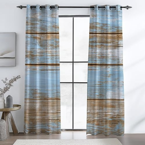 Tenda termoisolante - Tende oscuranti con occhielli Strisce Di Legno Anticato Decorazione per la finestra del soggiorno di casa, 140L x 145A cm (2 Pannelli), Blu Marrone