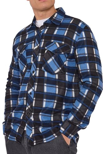 Camicia da uomo in pile a quadri, morbida e calda, con bottoni e tasche sul petto, giacca invernale casual a maniche lunghe, in flanella, spessa fodera in sherpa (M–3XL), Blu/nero , L