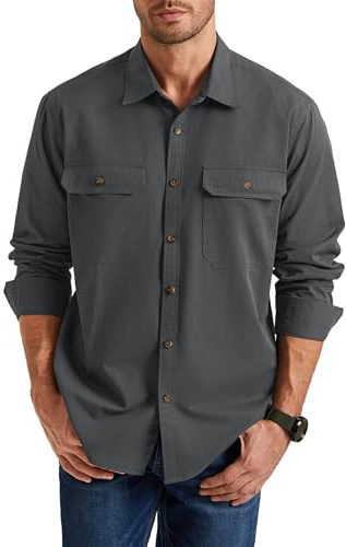 Enlision Chemise Homme Manches Longues Coton Boutonnée Chemises avec Poches à Double Rabat Gris Surchemise de Travail Cargo L