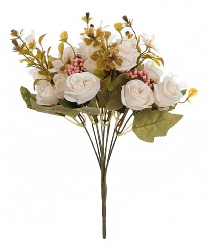 synxzen Set di 2 fiori artificiali, rose di seta realistiche con 20 teste di fiori (30 cm), bouquet decorativo per tavolo, matrimonio, soggiorno e ufficio, decorazione floreale durevole (bianco crema)