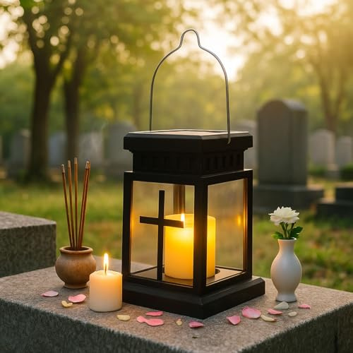 Grablaterne Friedhof Wetterfest Außen, Solar Laterne für Draußen Garten Grab, Grablampe Fuer Urnengrab, Schwarz Grablaternen mit LED Kerzen, Windlicht Klein Kerzenlaterne Geschenk für Trauer (Kreuz)