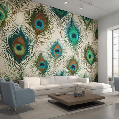 Peacock Feather Photo Wallpaper for Bedroom, Peacock Plumage Wall Mural for Living Room, Teal Wallpaper 350x256 Nonwoven Wall Paper Home Decor W&67