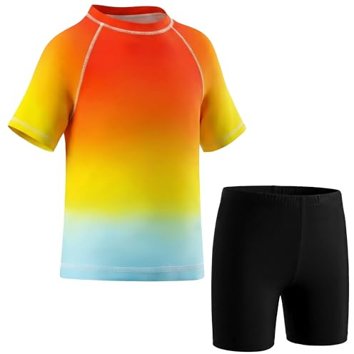 Hoseay Boys Rash Guard Set Kids UV Protection Swimming Costume 3-11 Years | Swim Trunks and Short Sleeve Shirt, 2 Piece Swimwear, Stretchable Swimsuit, Bathing Suit, Beach Surfing Pool Rafting