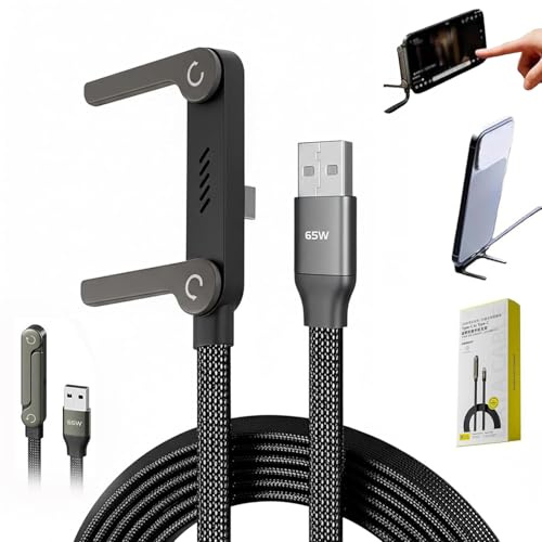 2 in 1 Fast Charging Cable with Built-in Holde, USB to C 65W Cables, High-Speed Charger Cord, 360° Rotation, for Smartphones, Tablets, Laptops, and Gaming Devices (Black, USB to C)