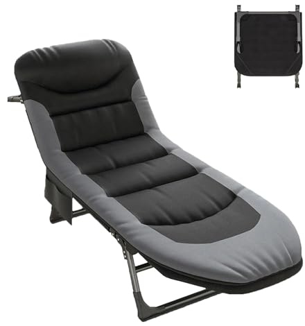 YUODIJIO Lit de Camp Pliable, Dossier RéGlable 6 Positions, Lit de Camping Adulte,Matelas et Poche LatéRale Inclus, Supporte Jusqu'à 150 Kg, Idéal pour La PêChe, Le Camping et Le Jardin.(Noir)