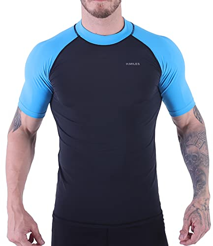 H.MILES Men's Rash Vest Short Sleeve Male Adults Rashguard Swim Base Layer Snorkeling Swimming Surfing Tops Diving Beach T-shirt Black / Blue S