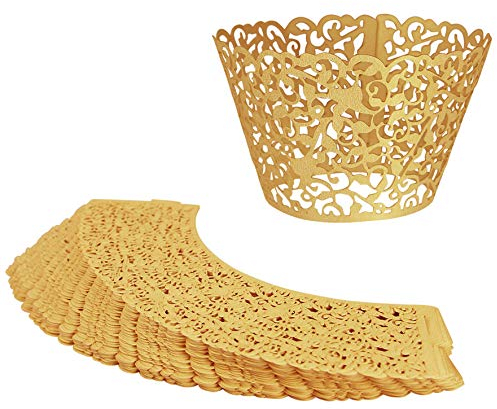 20pcs Filigree Vine Cupcake Wrapper Laser Cut Wraps Cases Wedding Birthday Party - Gold
