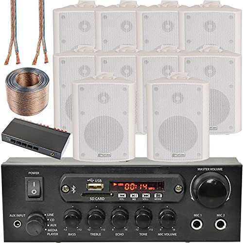 SMART HOME 5 ZONE BLUETOOTH KIT – 10x 70W 4” Whtie Wall Mounted Speaker, 110W Stereo Amplifier, Zoning Splitter *ECHO ALEXA SPOTIFY* Wireless HiFi Audio Background Amp System – Bar Pub Home Surround