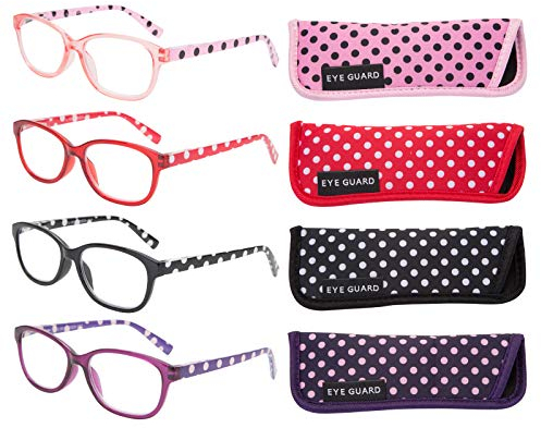 EYEGUARD Lesebrille für Damen, Federscharnier mit Punktemuster, nicht polarisiert, 4 Stück(4 Farbe, +1.50 Vergrößerung)