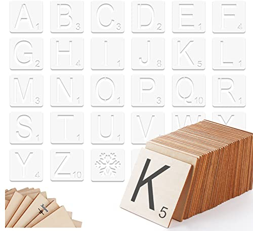 ilauke Scrabble-Fliesen zum Basteln und 12.7x12.7 cm, blanko, quadratisch, perfekt für Wanddekoration, Bauernhaus-Stil, Holzbuchstaben (26 große Scrabble-Fliesen, 36 unlackierte Holzquadrate)