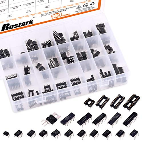 Rustark 169 Pcs 21 Types Integrated Circuit Chip Assortment Kit, Opamp, Oscillator, Logic Gate DIP IC Chip and Sockets Assorted Set with Store case for Electronic Equipment