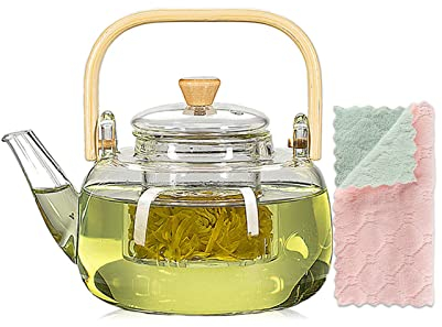 1000ml Glass Teapot with Glass Infuser, Teapot with Strainer for Loose Tea, Safe On Stovetop, Tea Pot with Bamboo Handle