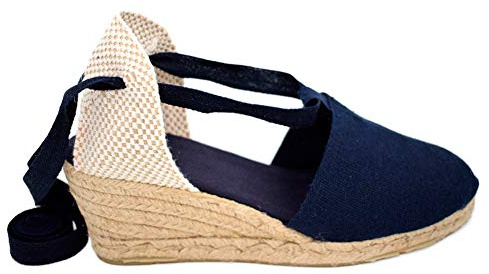 Alpargata Valenciana Cintas CUÑA Yute Playera DE Mujer Lona Lisa Azul