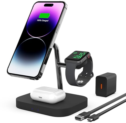 Magnetic Wireless Charger, Boaraino 3 in 1 Wireless Charging Station Compatible with iPhone 16(no include iphone 16e)/15/14/13/12 Series, Apple Watch10/9/8/7/6/SE/5/4/3, AirPods 2/3/4/Pro
