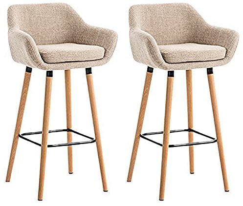 HUOLE Lot de 2 Tabourets de Bar, avec Dossier et Repose-Pieds, Chaise Haute et Rembourrée, Surface en Lin, Hauteur d’Assise de 64 cm, Pieds en Bois Massif, en Tissu matelassé, élégant (Beige)