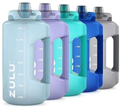 ZULU Goals Large Half Gallon Jug Water Bottle with Motivational Time Marker, Covered Straw Spout and Carrying Handle, 64 Oz
