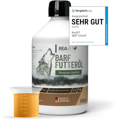 ReaVET TESTURTEIL SEHR GUT 05/24 Profi Futteröl 500ml Hunde, 1.Kaltpressung - Barföl, Futteröl kaltgepresst Hund, hochwertige & perfekte Mischung, Barf Zusatz für Hunde I natürlich & artgerecht
