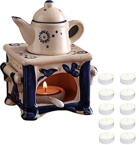 WAYUTO Keramik-Duftlampe für ätherische Öle, Diffusor mit Löffel, 10 Kerzen, Teekanne, Teelichthalter, Aromatherapie, Ölwärmer, Wachsschmelzbrenner für Valentinstag, Schlafzimmer, 15.2 cm, Blau