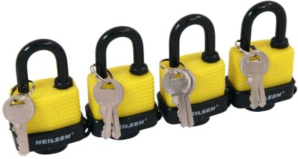 Neilsen CT0274 4pc 40mm Water Resistant Padlock Set with 8 Keys | 4-piece set, 40mm padlocks, 2 keys per padlock, Water resistant, Steel shackle, Brass cylinder