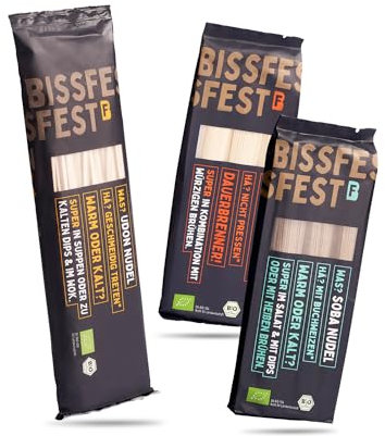 bissfest BIO Probierset asiatische Nudeln, 3 x 250 g (Soba, Udon, Ramen) - Asia Nudeln für japanische Gerichte im Probierpaket - Vegan