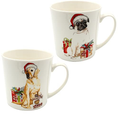 Dekohelden24 Porzellan Weihnachts-Tassen/Jumbo - Becher - Weihnachtshunde - als 2er Set, Größe H/Ø ca. 10 x 9,5 cm, Fassungsvermögen ca. 480 ml, spülmaschinenfest