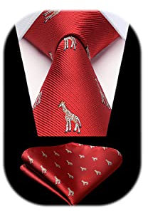HISDERN Krawatte Rot Herren Krawatten Giraffe Muster mit Einstecktuch Krawatte Hochzeit und Taschentuch Set