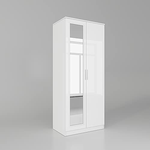 ELEGANT 2 Door Wardrobe with Hanging Rail and Full-length Mirror High Gloss Bedroom Furniture for Home Bedroom, 5 Colors Available