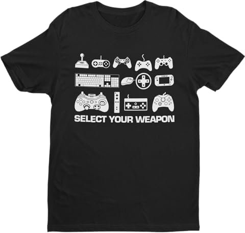 Galaxy Tees Mens Select Your Weapon Retro Gaming Controllers T Shirt Gaming Classic Gift Idea Top Short Sleeved Black 5XL