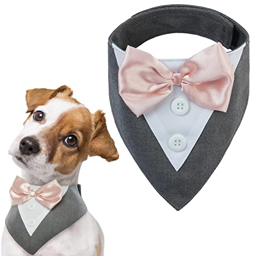 FUAMEY Hunde-Smoking, formelles Hunde-Halstuch, Hundehalsband mit Fliege, Hunde-Geburtstagskostüm, verstellbar, für Haustiere, Party, Tux, Hochzeitskleidung, mittelgroße und große Haustiere, Grau L