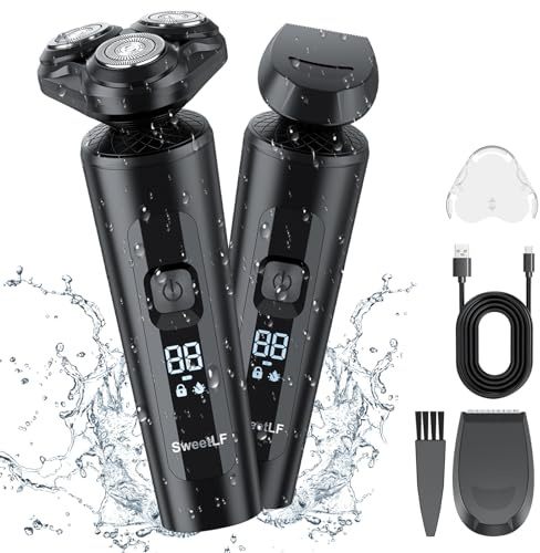 SweetLF Elektrischer Rasierer Herren Nass&Trocken Schnurlos Wiederaufladbar Rotationsrasierer mit Koteletten Trimmer IPX7 Wasserdicht LED Display Ultraleicht für Reisen
