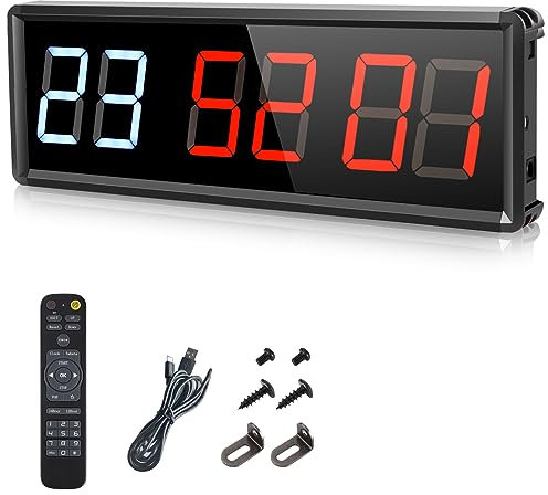 PELLOR Temporizador de Gimnasio Sports Timeter, 2.3 Temporizador Intervalos Fitness LED Programable con Cronómetro,Brillo Ajustable, Reloj de Entrenamiento con Control Remoto para Casa Garaje Externo