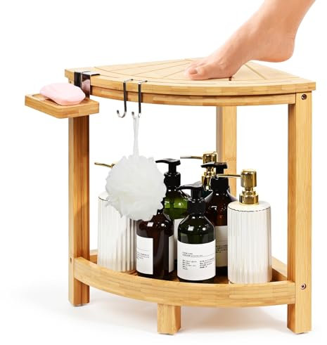 Ollieroo Tabouret de douche d'angle en bambou à 2 niveaux pour se raser les jambes, banc de douche imperméable avec étagère de rangement et porte-savon, chaise de douche pour douche intérieure,