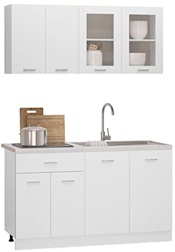 Homgoday Módulos de Cocina, 140cm 4 Pzs Juego de Muebles Aglomerado Blanco - Armario Colgante/Inferior de Cajón/Colgante de Vidrio/Inferior de Fregadero